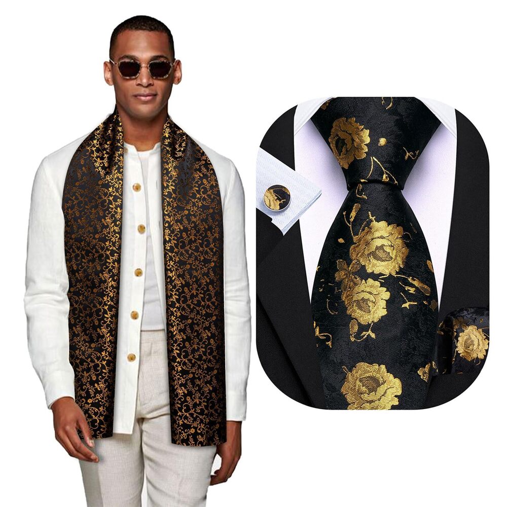 2884 Black Gold Scarf and Ties Floral Silk Necktie Pocket Square Cufflinks